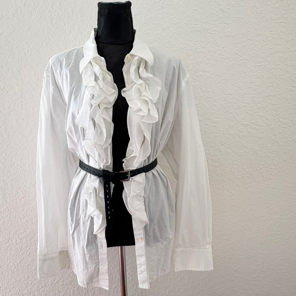Ralph Lauren LRL Ruffle Front Button Down Shirt Womens L White Preppy Old Money - Picture 5 of 11